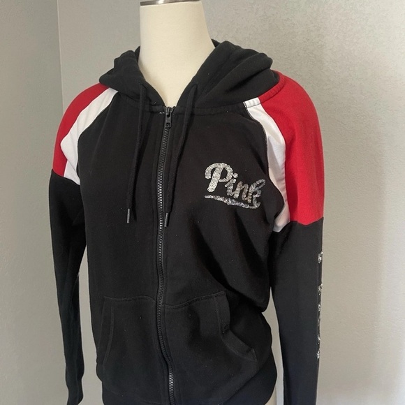 Victoria's Secret PINK Size Medium Sequins Bling Zip Up Hoodie Black&red Limited - Picture 1 of 5